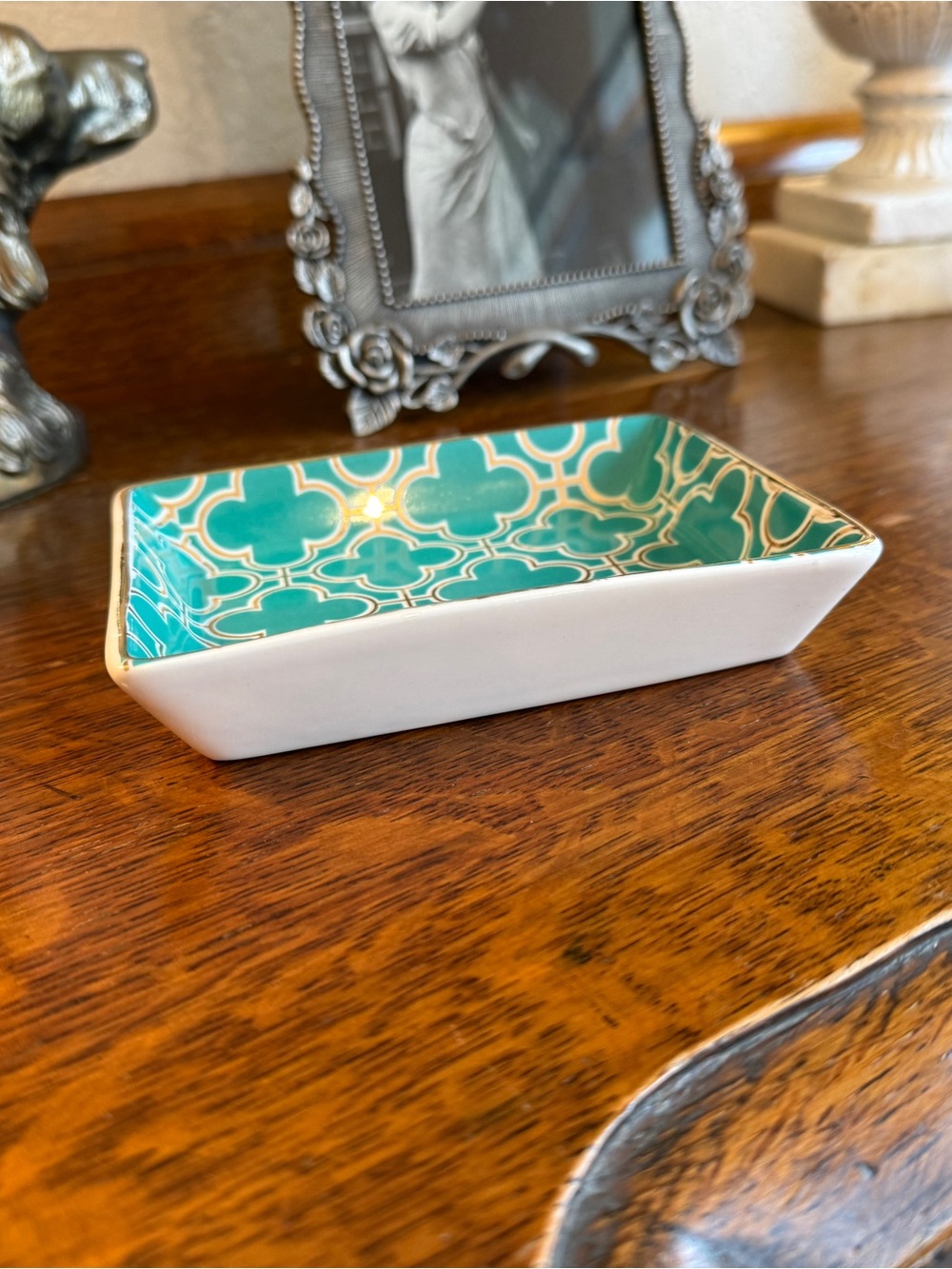 I. Godinger & Co. Turquoise Quatrefoil Porcelain Trinket Dish w/ Gold Trim - Picture 7 of 9